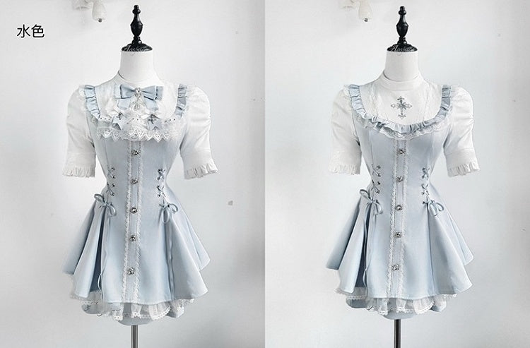 Tie a Shorts Gothic Jirai Featuring Set Blue Bib Light Lace-Up Dress Bow Details Kei
