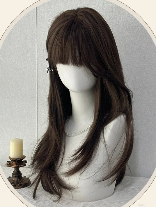 Brown Under Bust Length Straight Synthetic Wig With Bangs