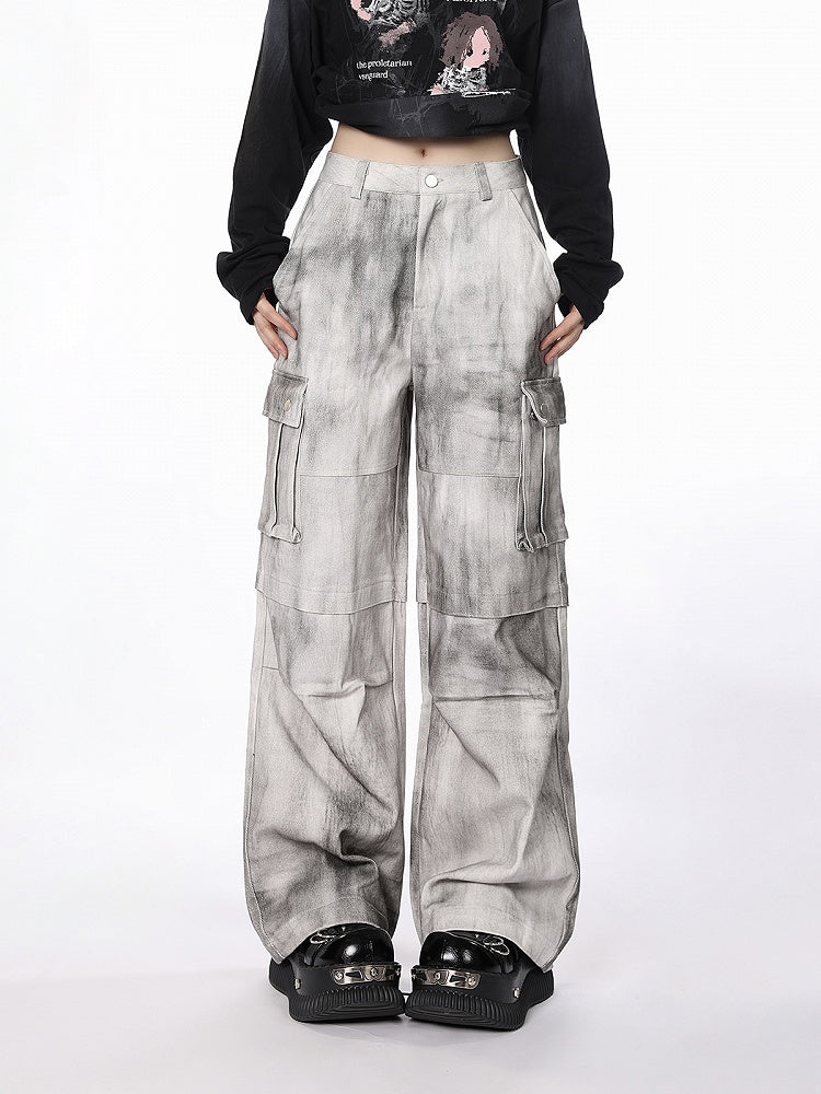 Cargo-Jeans mit weitem Bein und Utility-Taschen Weiß Grau Tie-Dye
