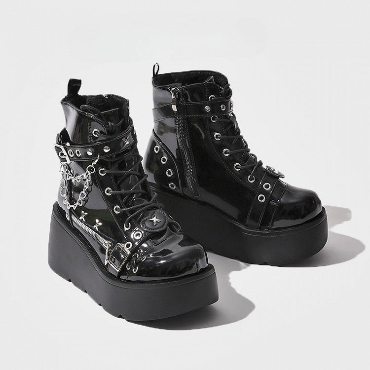 Platform Boots Ankle - Chain Black Charm Detachable Punk