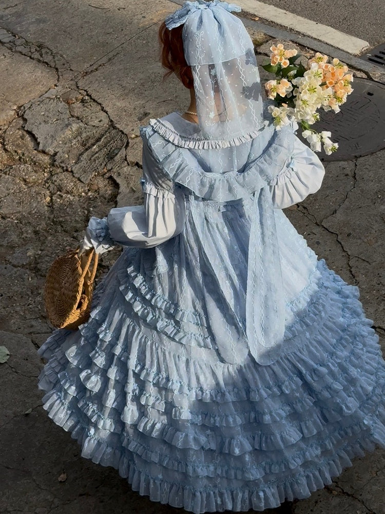 Ear Bunny Floral Ruffled with Blue Hood Lolita Pattern Overdress