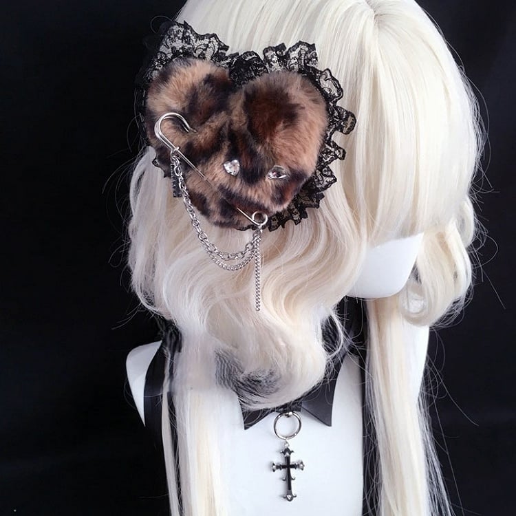 Details Safety Leopard Heart Pin Colors Print Plush Lace Hairclip Trim 3 with