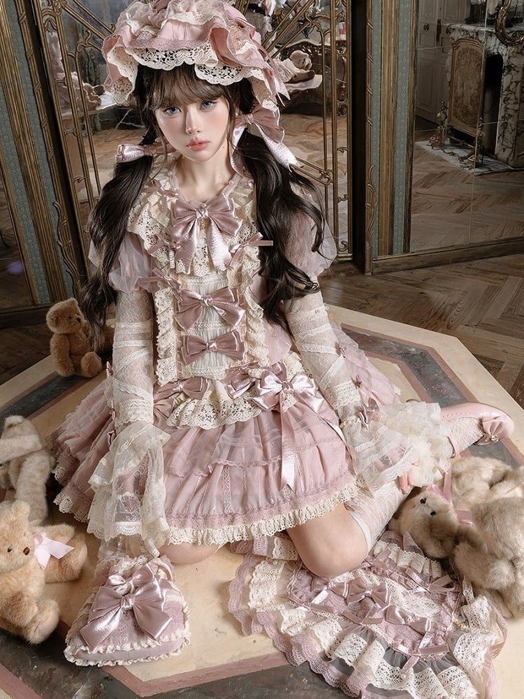 and Details Detachable Beige Bows with Bead Embellished Pink Sleeves Lace