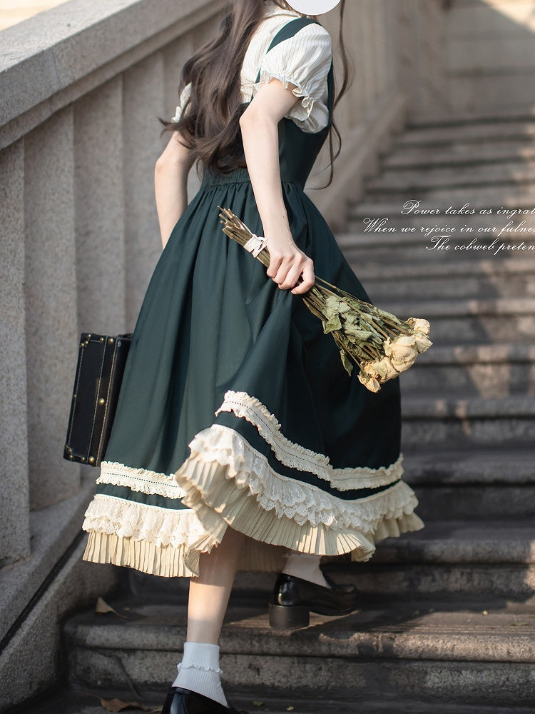 Beige Striped Blouse with Puff Sleeves and Ruffle Neckline