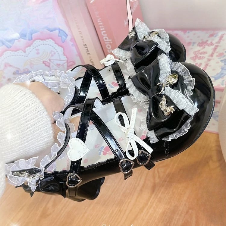 Janes Lolita Sweet Mary Design with - Accents Bow Black PU Mid-heel