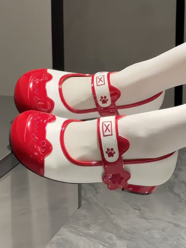 Design Sweet Paw Lolita Stitching Round Toe Shoes Velcro Red Ear with Cat Low-heel