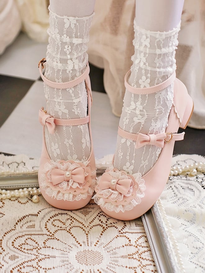 Baby Pink Bow at Top Lace Trim Heart Buckles Round Toe Lolita Shoes ...