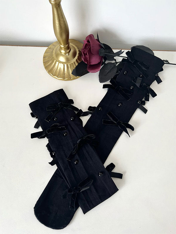 4 Colors Velvet Bow & Bead Decoration Calf Socks