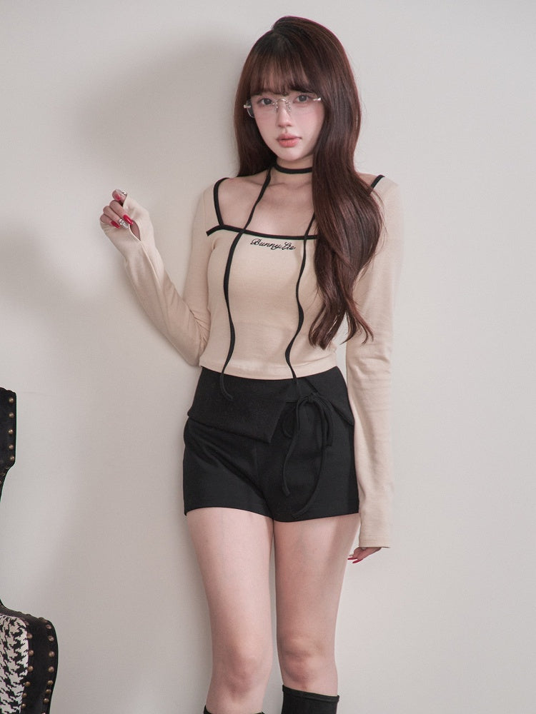Top Neck Kei with Square Beige Tie Long-Sleeve Jirai