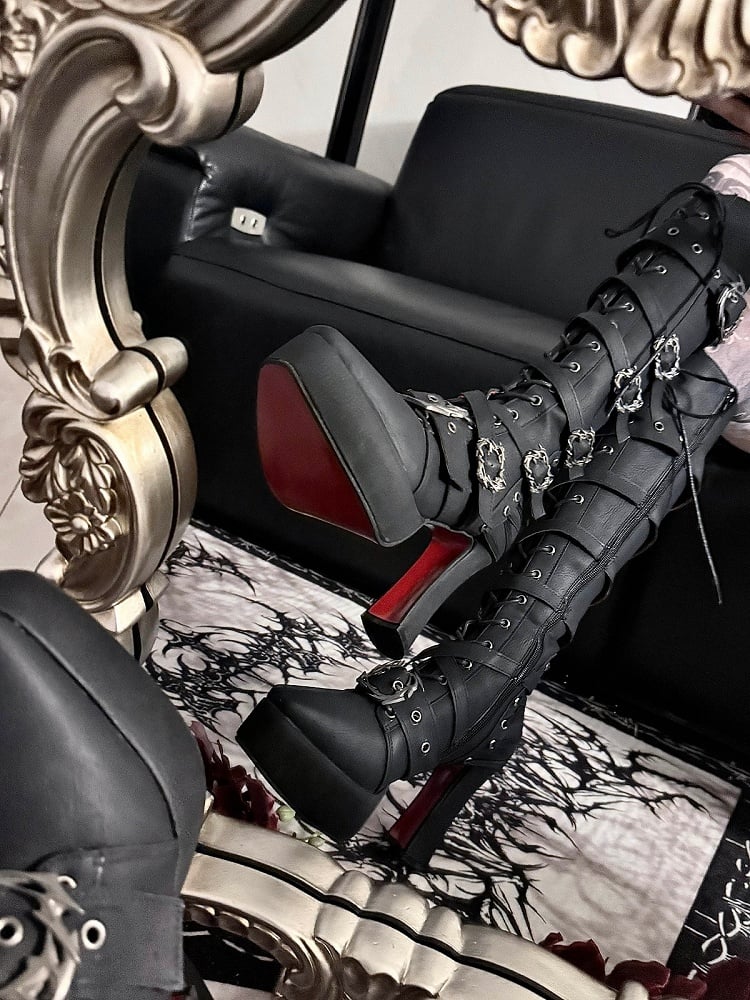 Matte Black Buckle-Strap Gothic Knight Boots with 11CM Stiletto Heel - sphenoid
