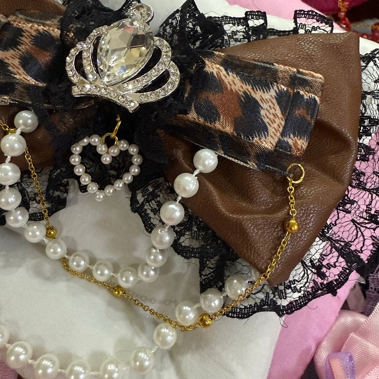 Strass Haarspange Perlen Spitze Muster Trim Bowknot Schwarzbraun Krone Verziert Charme Leopard