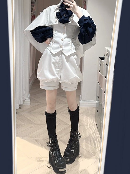 Prince Style White Lolita Cape Featuring Cross & Button Embellishments - Castle Too
