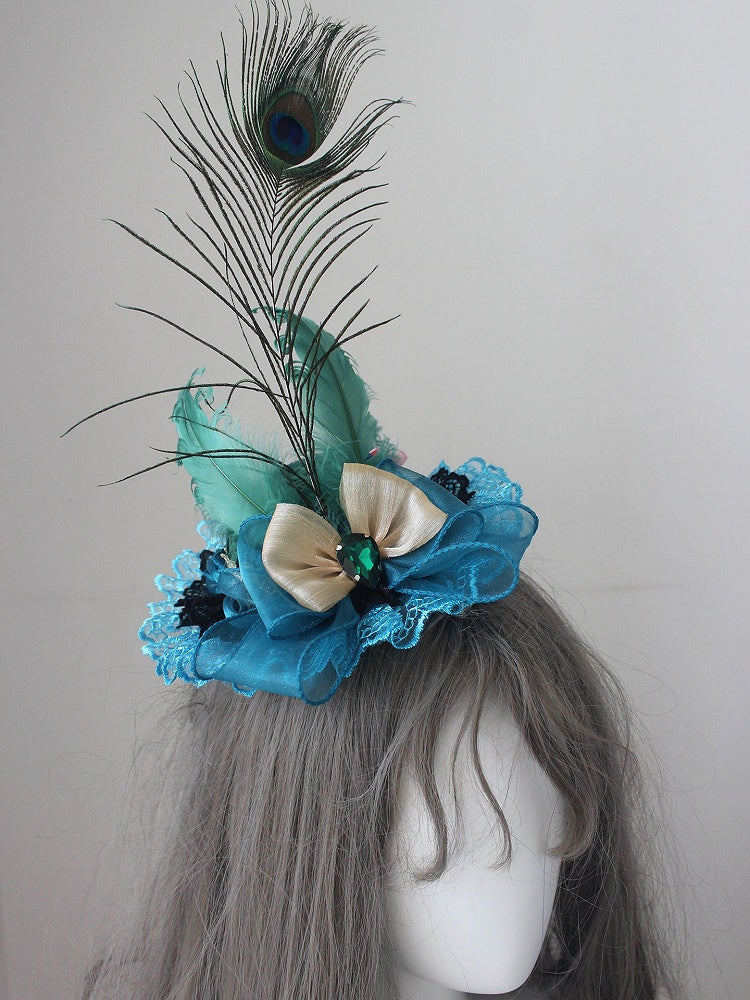 Blue Mini Peacock Rhinestone Lace Design Trim Feather Decorated Bowknot Hat