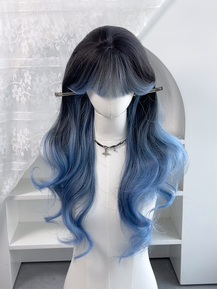 Full Wig Wavy Blue 65CM Highlight with Bangs