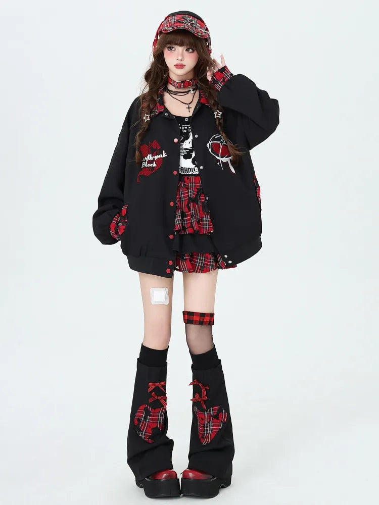 Punk Sleeves with Red Rock Decorated Chain Tiered Free Plaid Black and Skirt Leg