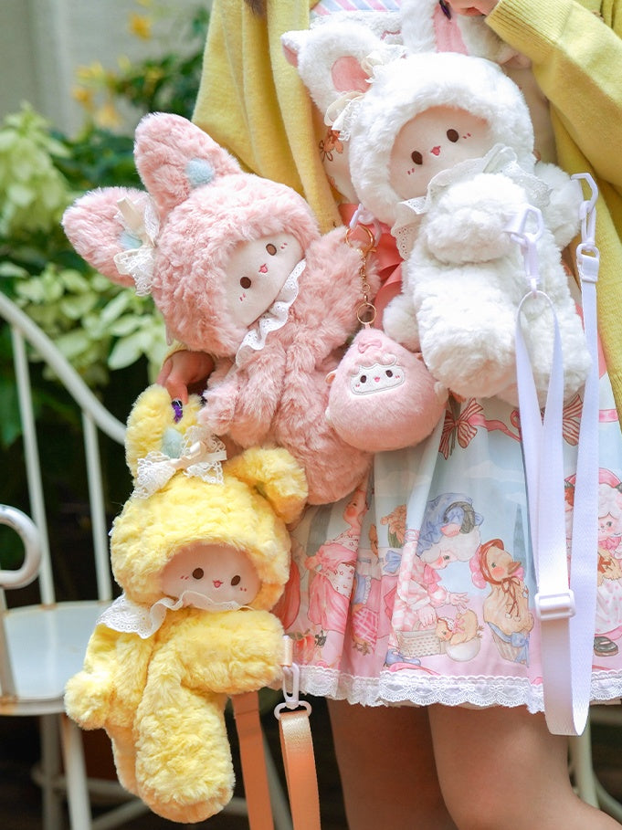 Pink Rabbit Bowknot Lace Details Plush Backpack Middle/Large Size