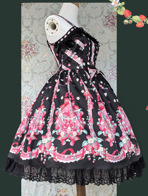 Bow Pink Lolita Lace Hem Strawberry with Black Print Sweet Dress and Details
