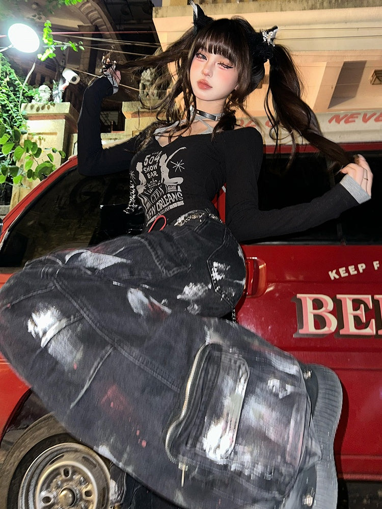 Zweiteiliges Neckholder-Top mit Fake-Letters in Apricot/Schwarz