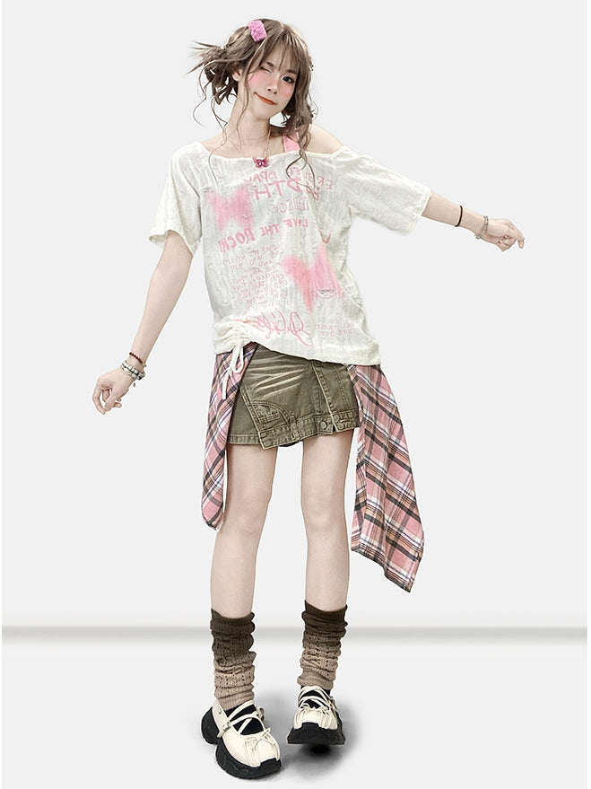 非対称Y2KビタースイートネックラインレターバタフライTシャツオフホワイトとプリント