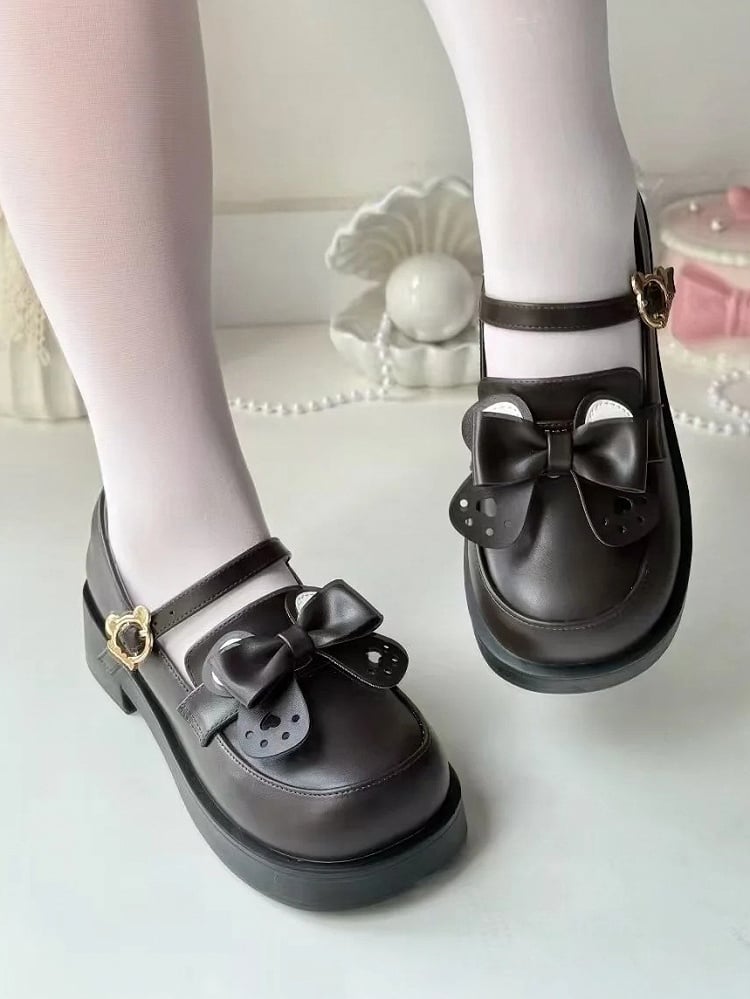 in Style Bear-shaped PU Preppy Bear and Ear Fastener Matte Shoes Removable Bow Brown Mid-heel Leather