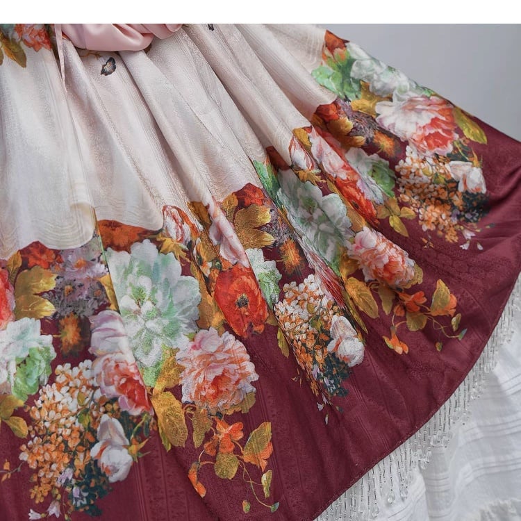 Pink Blouse Wine Red Crystal Tassel Floral Skirt Set