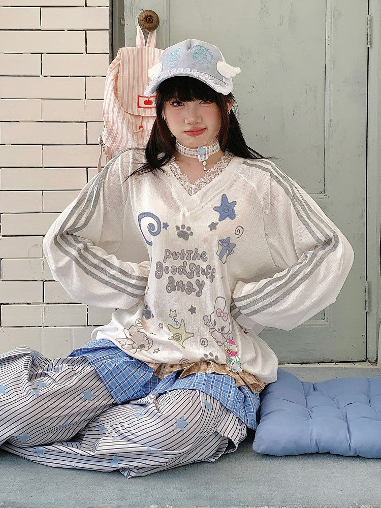 Sleeve White Cartoon Lace Long with Top Print V-neck Trim