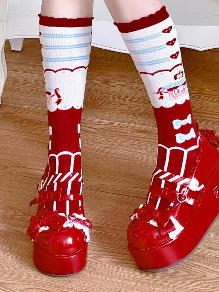 Lolita Bowknot Kalbsdruck Glas Apfel Rot Gestreifte Herz Honig Muster Socken
