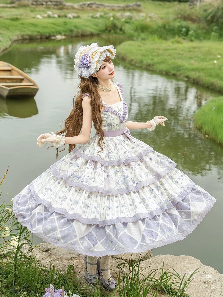 Purple Floral Cat Print Tiered Jumper Dress - With PUJI