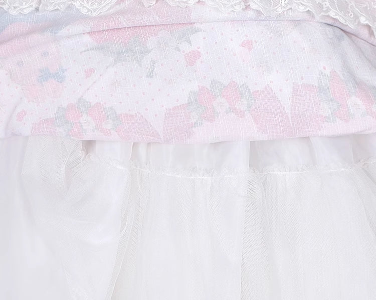 Frühlings-Erdbeer- und Kaninchen-Print, Spitzenbesatz, Schleife, Akzente, Beige, süßes Lolita-Kleid, einteilig