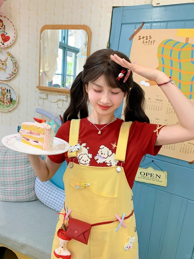 Cut Cartoon Puppy Embroidery Straight-leg Yellow Overall Pants