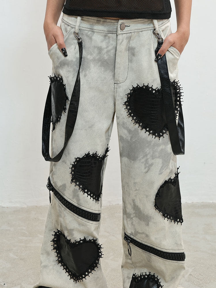Pastel Lace - Patches Jeans Heart Wide-leg Punk Tie-Dye Trimmed Gray