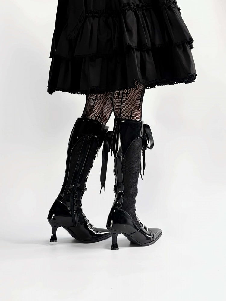 Gothic Lolita Embroidered Lace Witch Pointed Toe High Heel Boots - EvilStar