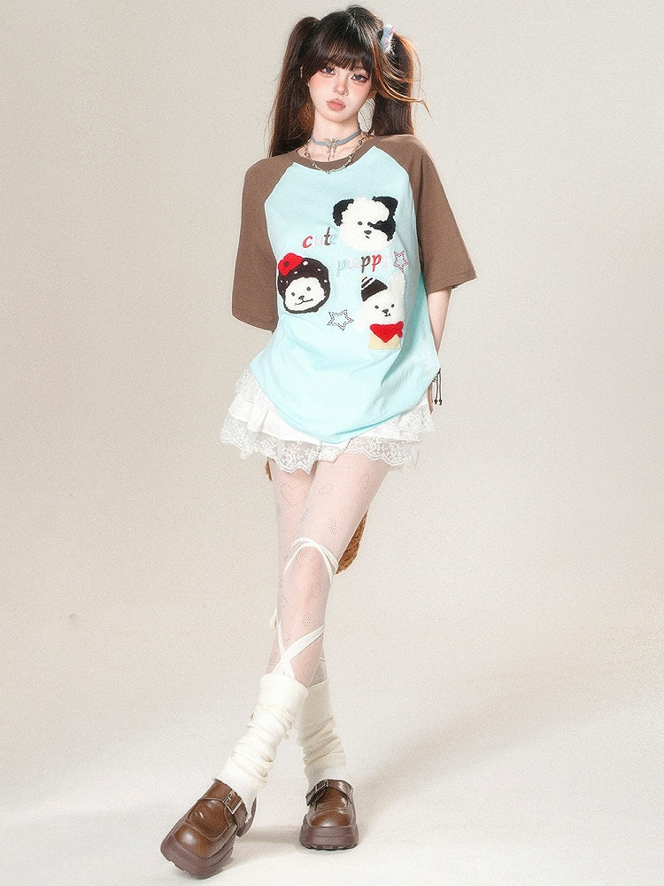 T-Shirt Plüsch Kawaii Beige/Blau Welpe Buchstaben Applikation Stickerei Alltag