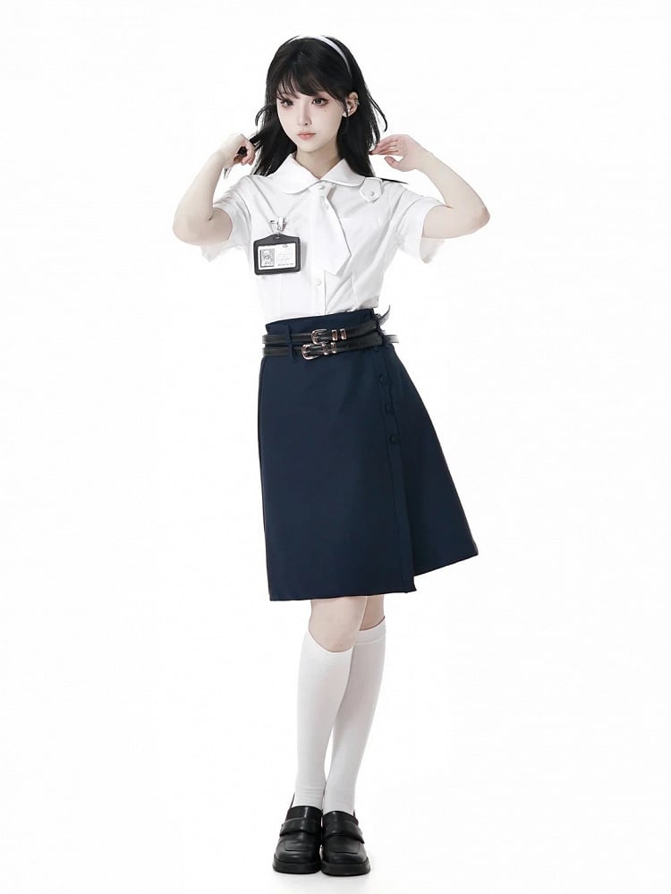 White Peter Pan Collar Short Sleeve Shirt Tie and Holder Card with