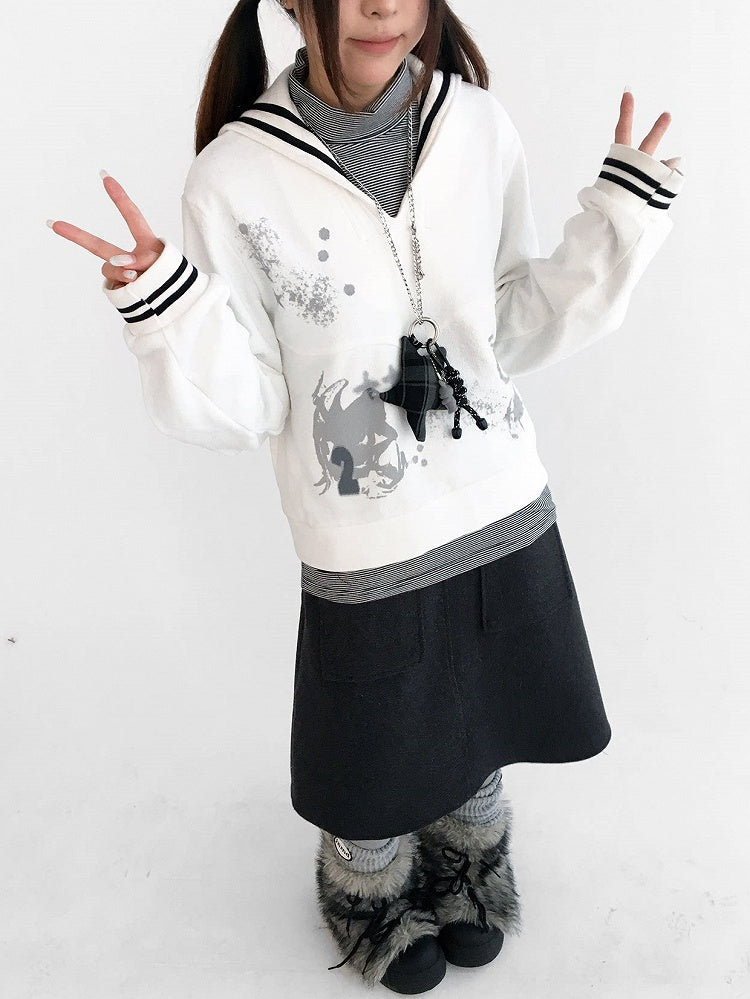 White Vintage Sailor Kawaii Fashion Sweatshirt Printed Collar