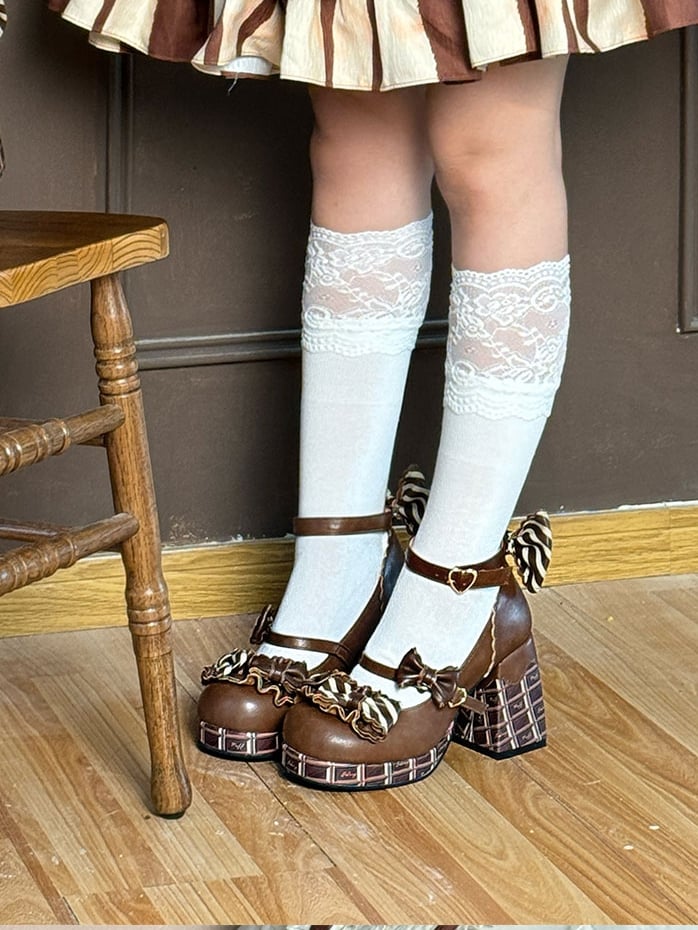 ストライプブロックディテールのジェーンズハイボウノットブラウンチョコレートメアリープラットフォームヒールバックルライトハート