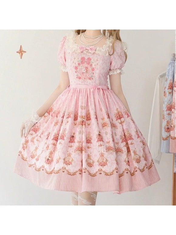 Pink Rabbit Floral Print Lolita OP Dress with Lace Details - Strawberry Witch