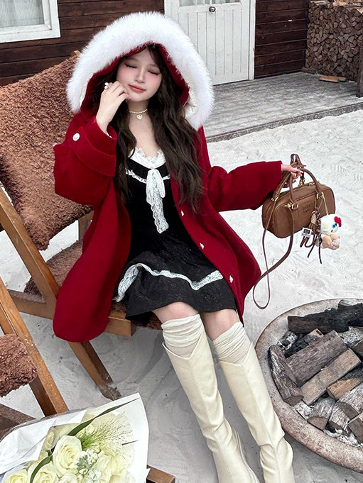 プラスサイズ レッド プラッシュトリム フード付きウールコート