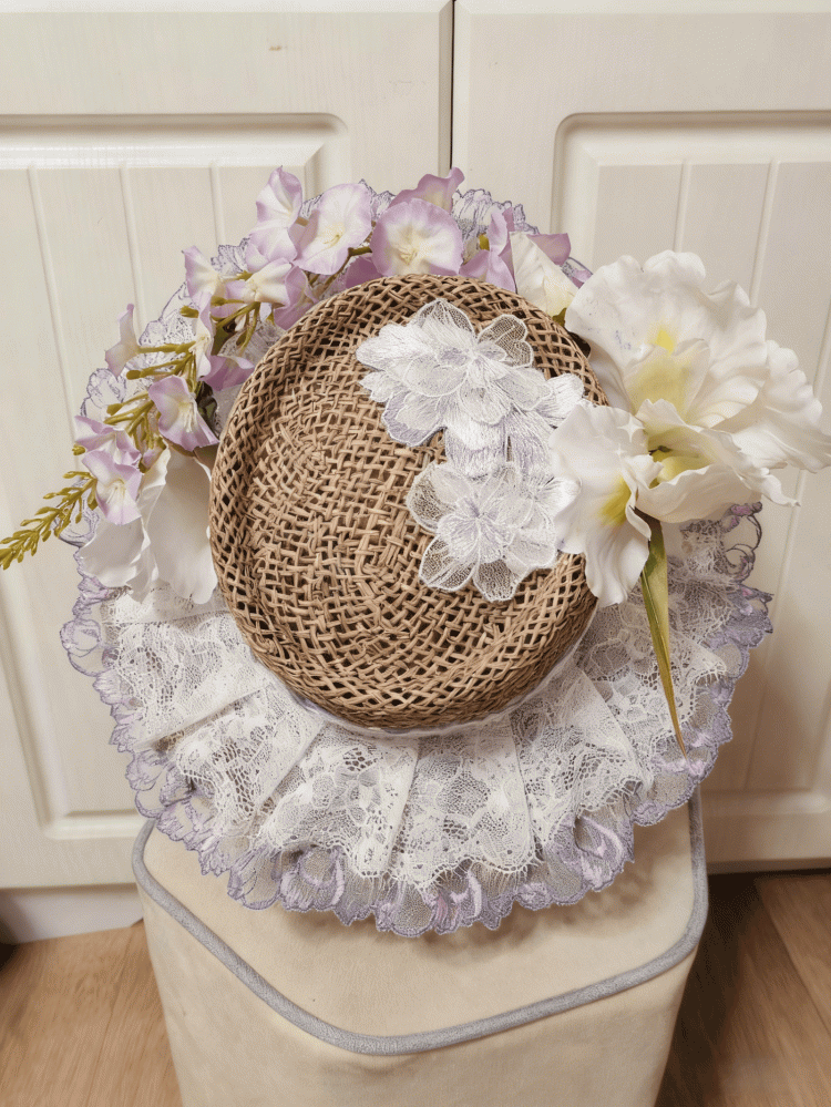 2 Lace Cluster Options Detail White-Purple Hat Straw Lolita Floral
