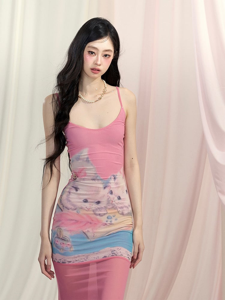 Rosa süßes Katzen-Print Bodycon Rock Slip Dress Mermaid