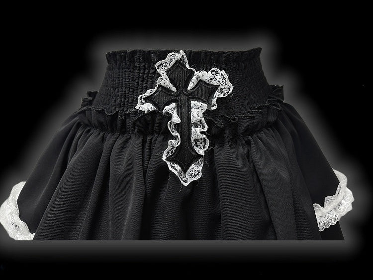 Y2K ブラッククロスアップリケ レースアクセント パンク ティアード ミニスカート