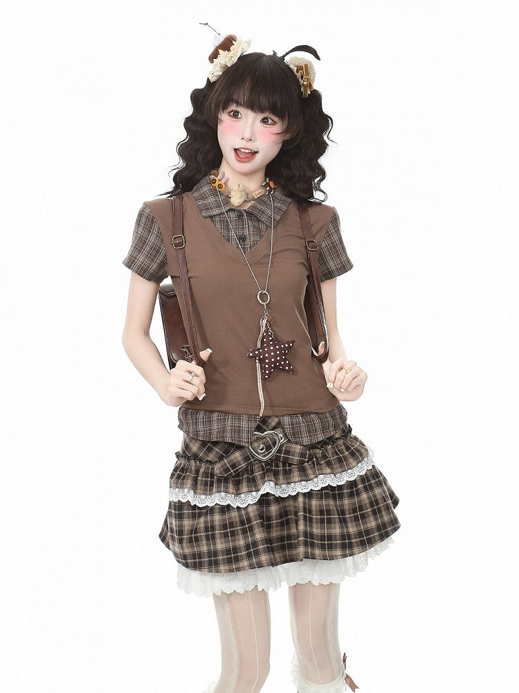 Brown Plaid Two-Piece Short Sleeve Top - Languid Park