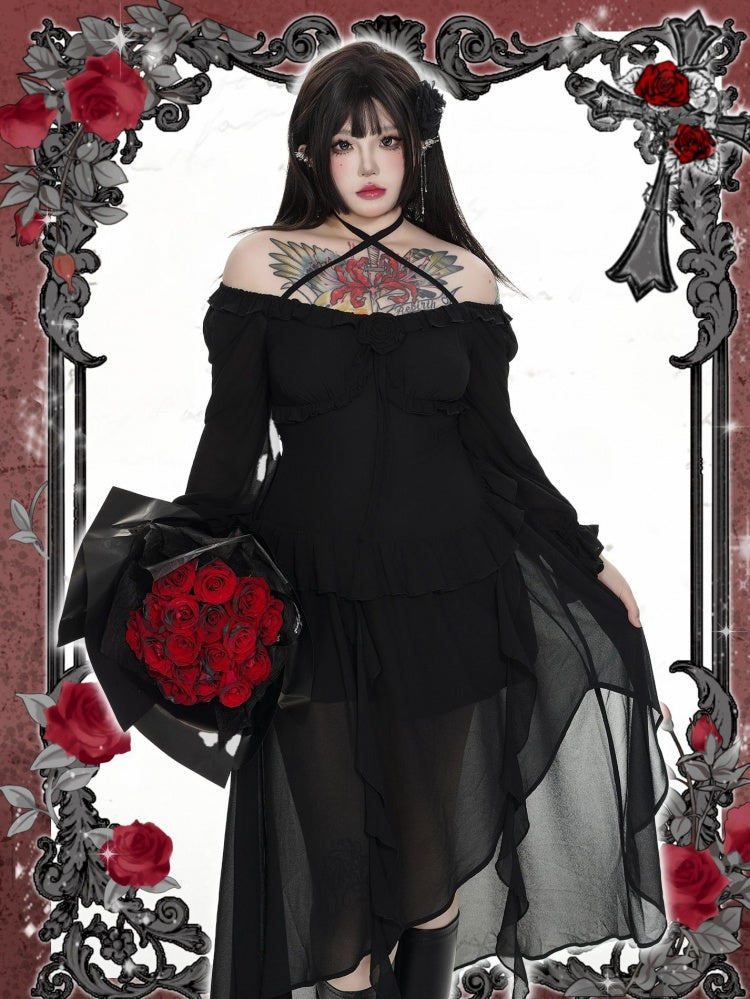 Plus Size Rosette Schwarzes Neckholder-Asymmetrisches Kleid