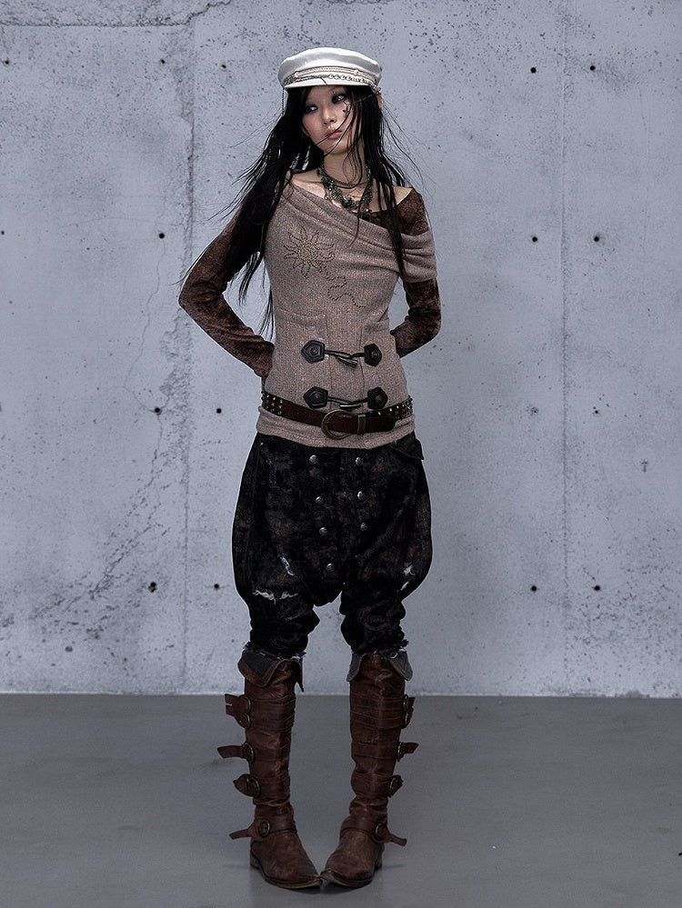 - Elastic Harem Cropped Partial Wasteland with Distressed Punk Waistband Design Jeans Black