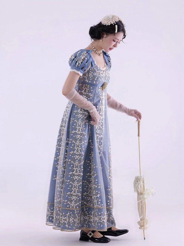 Blue Empire Waist Regency Elegant Lolita Maxi Dress Ankle Length Version