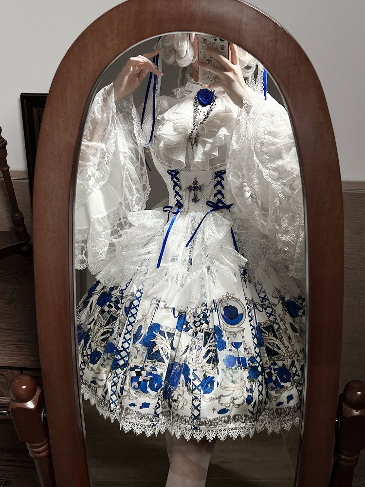 JSK Underbust Tête de Mort Bleue & Blanche avec Toile d'Araignée - Douce Chanson d'Amour