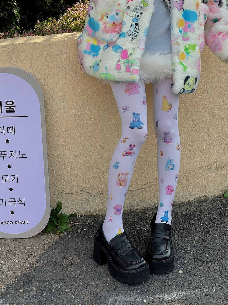 Sweet White Tights With Multi-Color Bunny Print