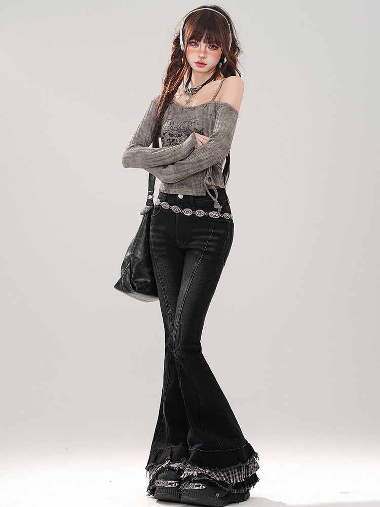 ブラックチェック柄パッチワークカフスフィッシュテールジーンズ