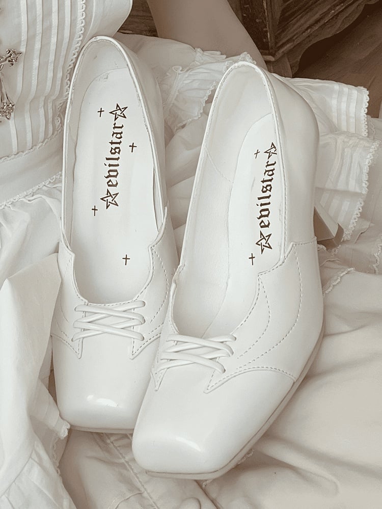 Crisscross Square Toe with Bat High White Heels Details Gothic Leather PU Design