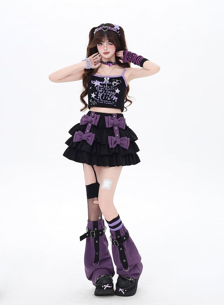 パープルの裏地付きレッグウォーマー、ティアードスカート、クロスボウノットストラップ付き、ブラック